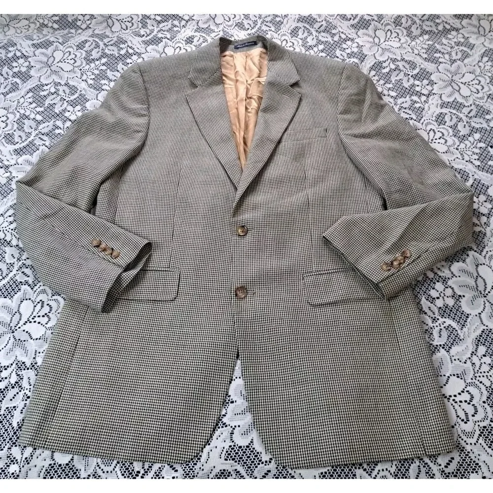 IZOD Sport Coat 42L Houndstooth‎ Pattern Silk Wool Blend Classic Fit 2 Button